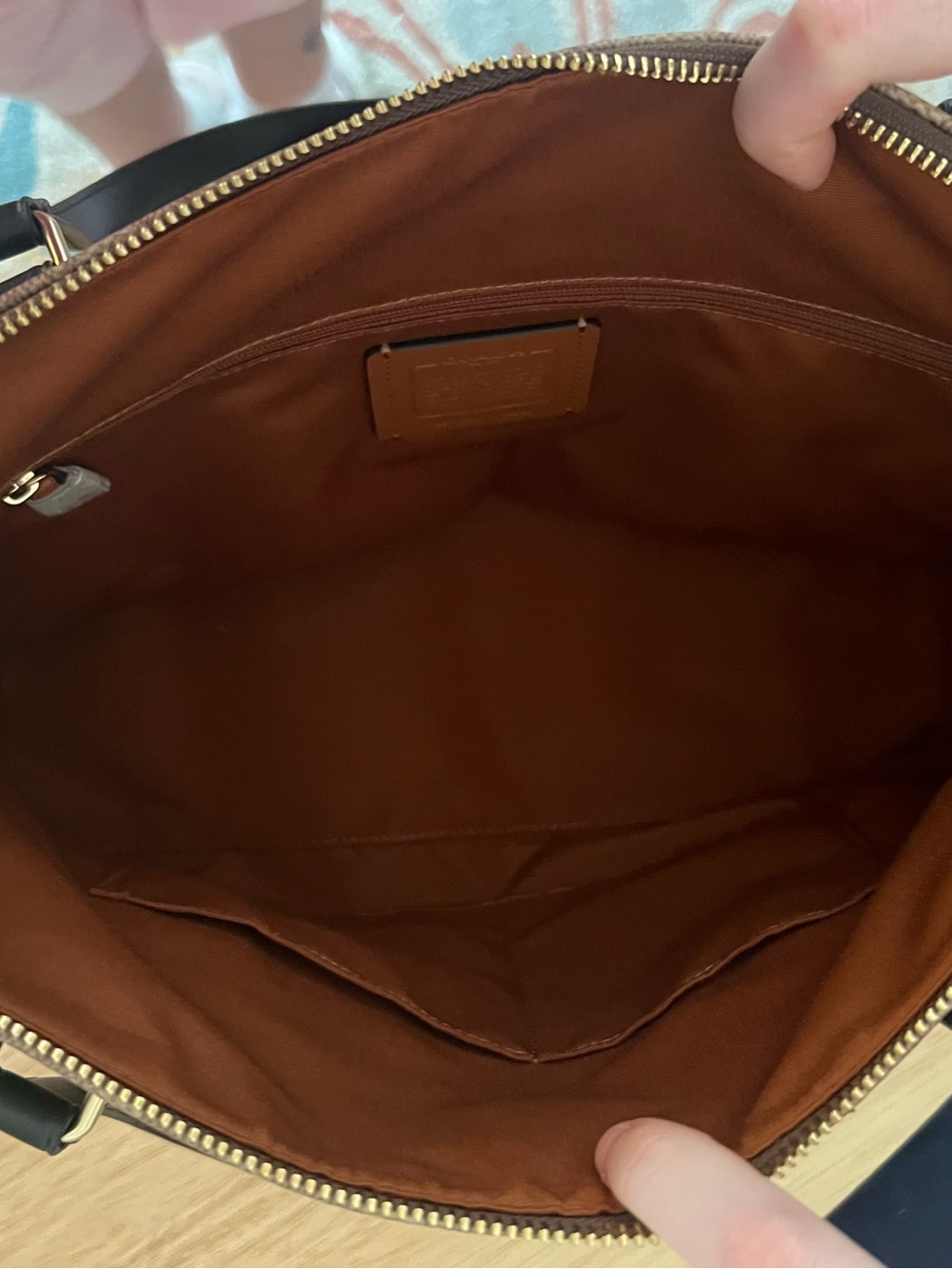 COACH Brown Daisy Print Tote with Black Handles and Gold Hardware - Picture 5 of 6